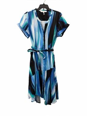 DKNY Linen Midi Dress Asymmetrical Hem Tie Waist Pockets Blue Green 14 NEW